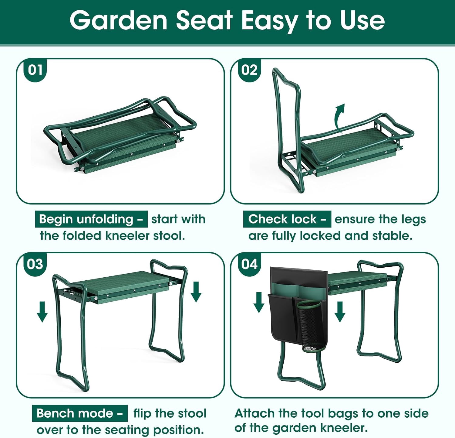 2-in-1 Garden Kneeler with Umbrella, Kneeling Bench & Black Umbrella, Portable Stool 330lb Capacity, Garden Tools Bag with Bottle Holder, Gardening Gift for Men Women Seniors