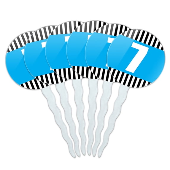 Birthday Stripes Blue 7 Cupcake Picks Toppers - Set of 6