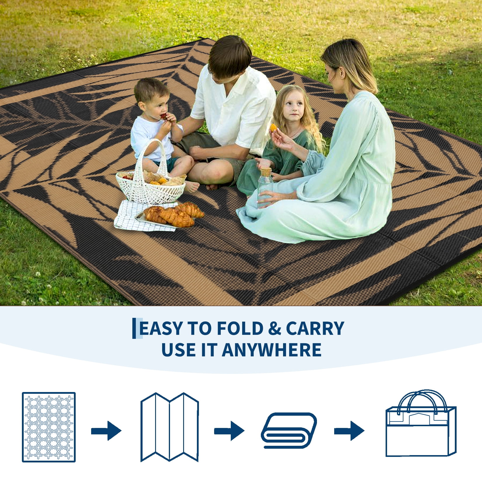 Garvee 9'x12' Waterproof Outdoor Rug Leaf Pattern Bordered Plastic Patio Mat, Modern Reversible Non-Slip Outdoor Carpet for Camping, RV, Balcony, Porch, Picnic, Black and Brown