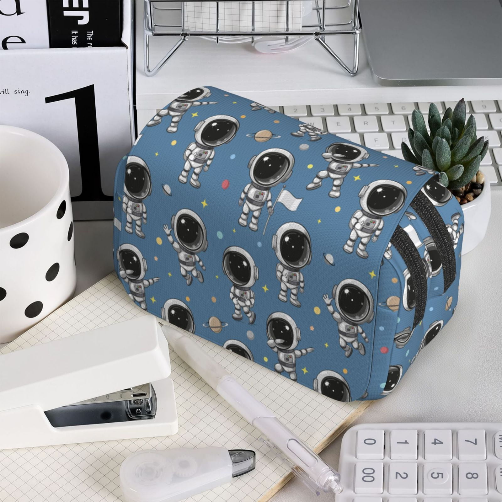 Rateoe Astronaut Pattern Double Clamshell Pen Case, Storage Organizer with Two Zipper Compartments– Holds Up to 50 Pencils & Pens