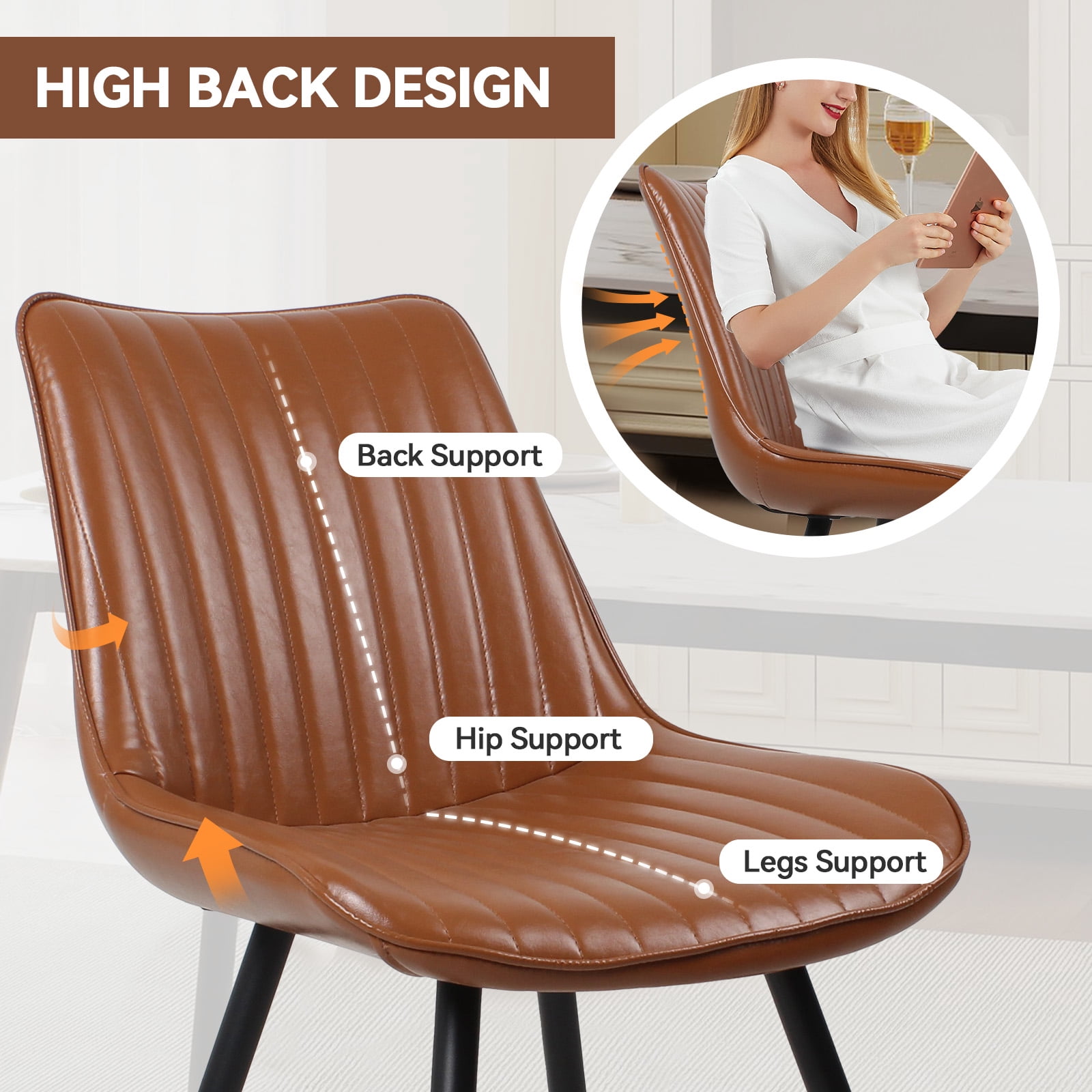 MOONMISS Dining Chair Set of 2,Rubberwood Frame Covered in Polyurethane Synthetic Leather,Black