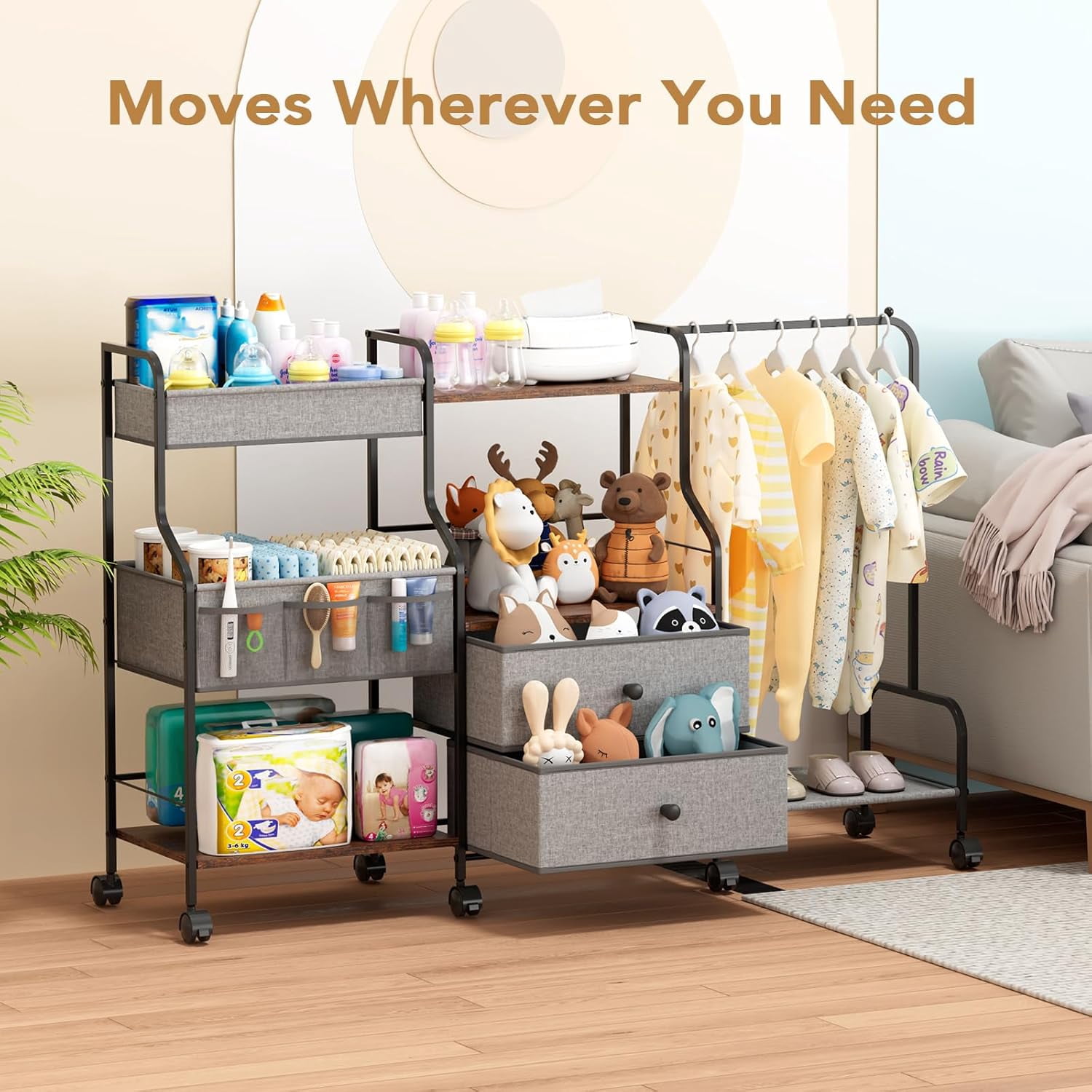 Diaper Caddy Organizer with Hanging Rack - 3 Tier Rolling Utility Cart with Drawers and Dividers for Storage - Bedside Cart, Gray