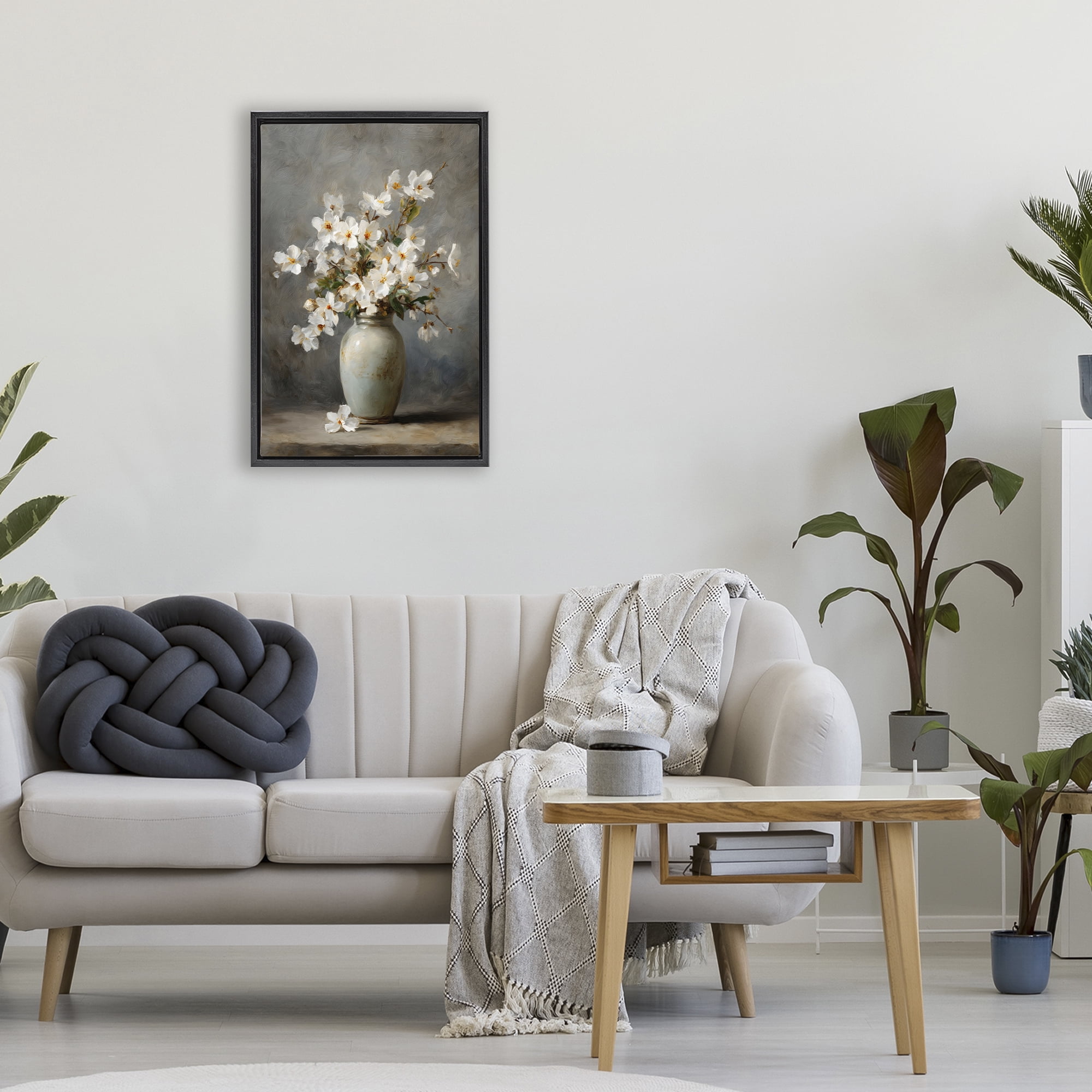 Stupell Industries Full White Flowers in Vase Black Framed Floater Canvas Wall Art, design by Petal Prints Design