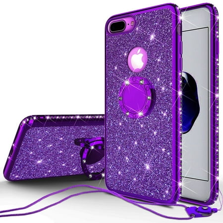 Glitter Cute Ring Stand Phone Case for Apple iPhone 8 Plus/Iphone 7 Plus Case,Bling Bumper Kickstand Sparkly Clear Soft Protective for Girls Women - Purple
