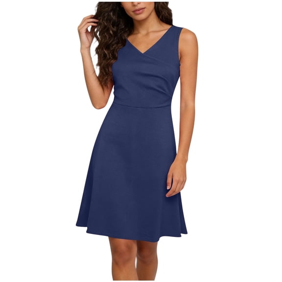 QTBIUQ Womens Mini Dress Solid Color Ruched Sleeveless V Neck Stretchy Casual Wear A Line Dress