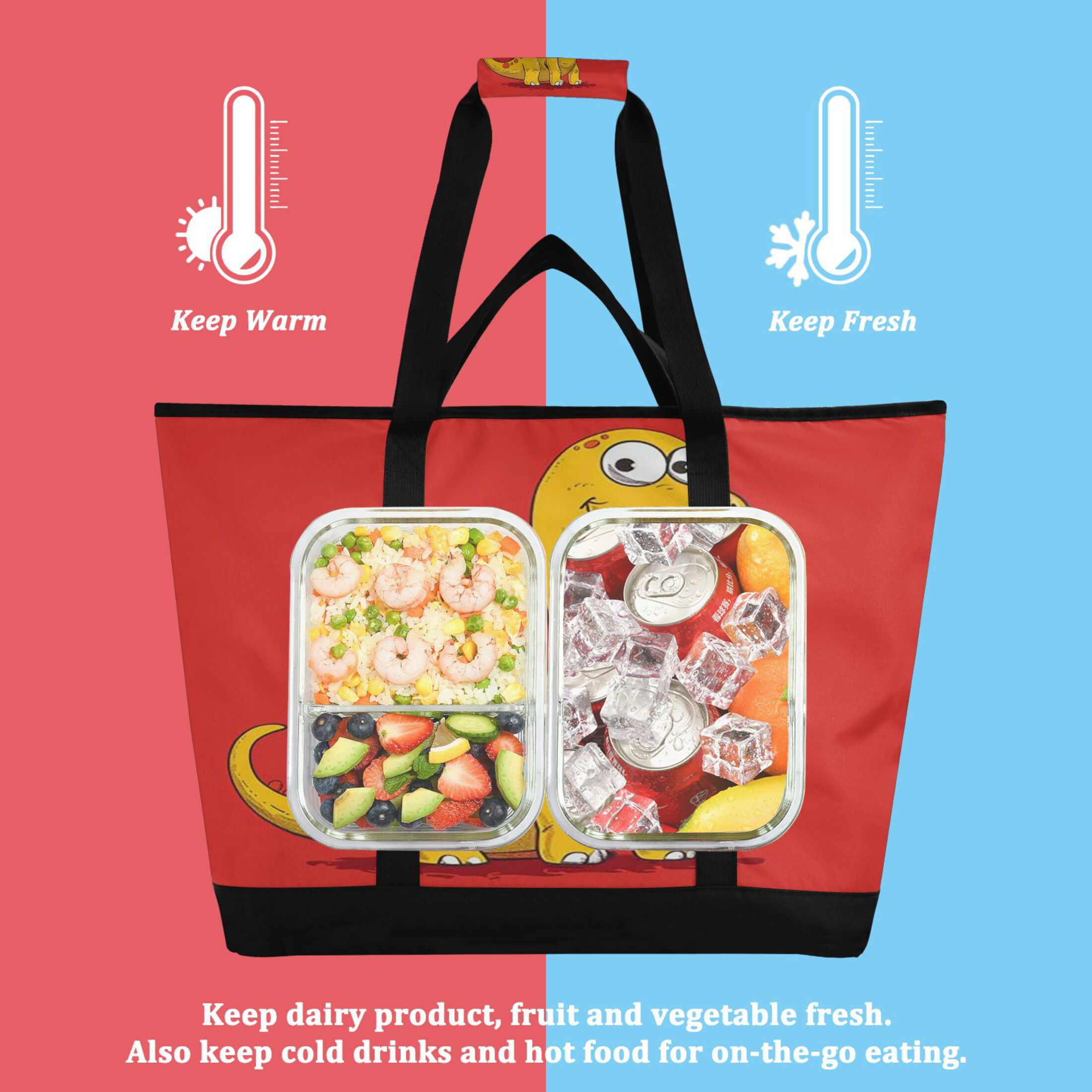 Large Hand-held Ice Pack Picnic Bag Insulation and Refrigeration Suitable for Shopping Picnics and Camping Yellow Dinosaur