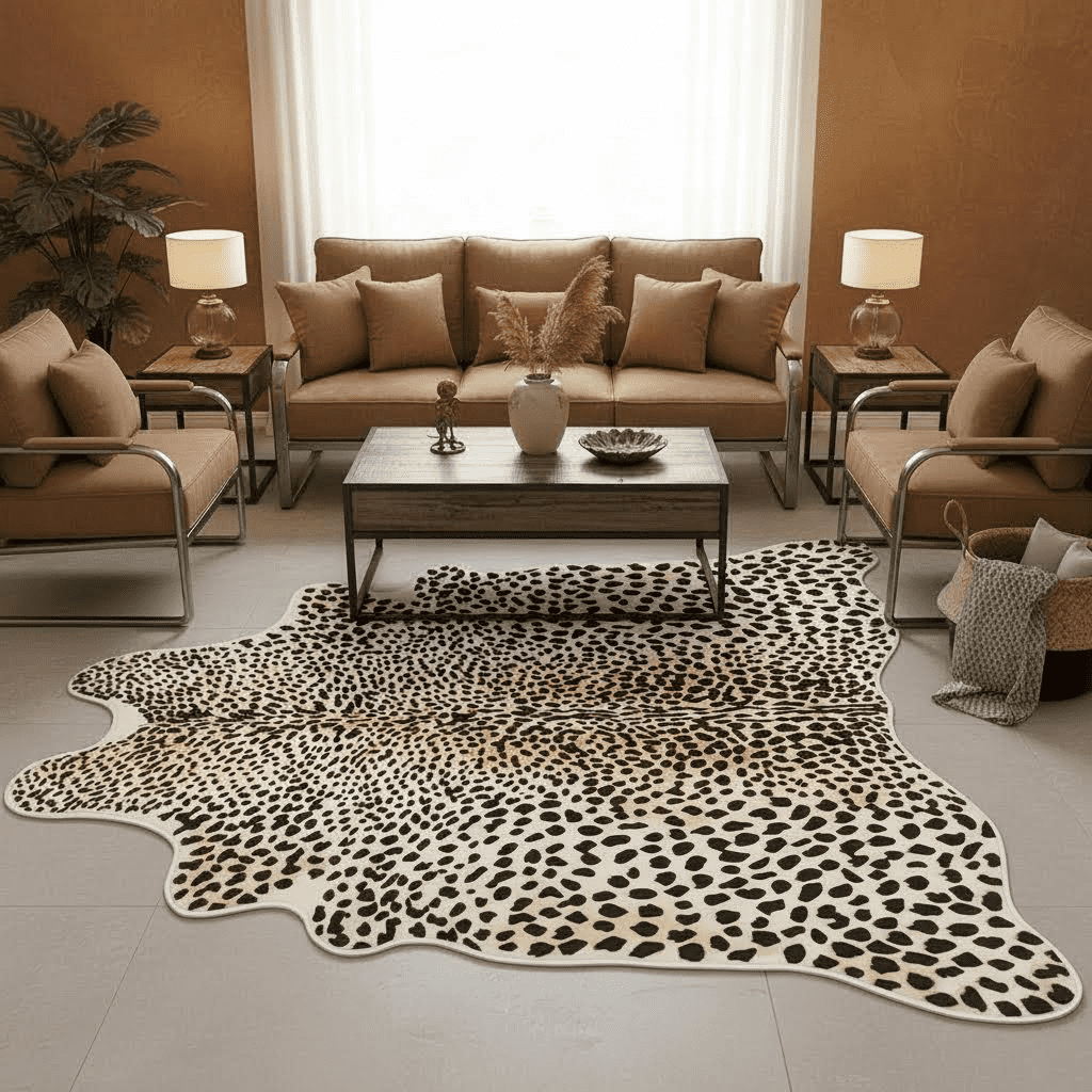 Cheetah Print Area Rug, 4' x 4.6' Faux Fur Leopard Skin Rug, Soft Shaggy Animal Print Carpet for Living Room, Bedroom, Office Decor