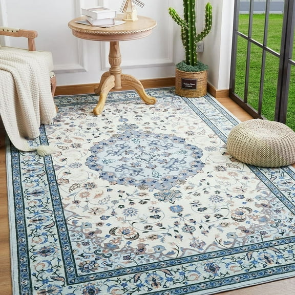 Junovo Boho Rug Non Slip Bedroom Rug Vintage Area Rugs for Living Room,4'x6',Blue
