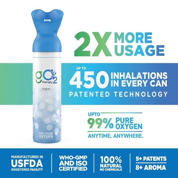 gO2Therapy Original Pure Oxygen Canister, 99% Pure Oxygen, 12 Liters, Up to 450 Inhalations, Portable Breathing Support for Workouts, Sports, Travel