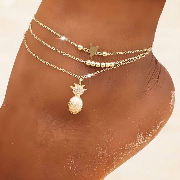 Koszal 2Pcs/Set Star Pineapple Pendant Women Anklets Alloy Beads Multilayer Beach Anklets Foot Accessories
