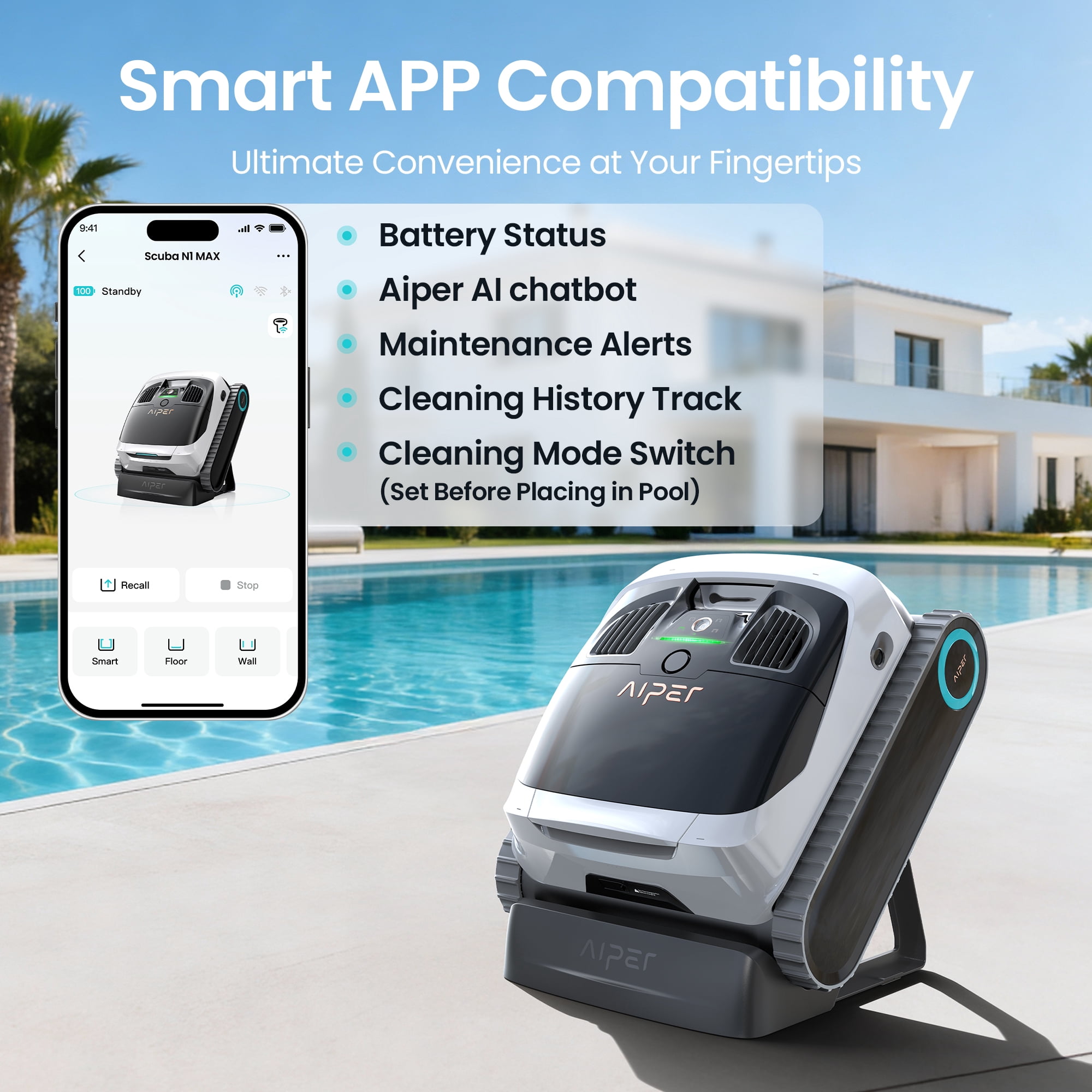 Aiper Scuba N1 Max Automatic Pool Cleaner, Cordless Robotic Pool Cleaner w/ 6600 GPH Dual-Jet Suction, Smart Parking & App Control