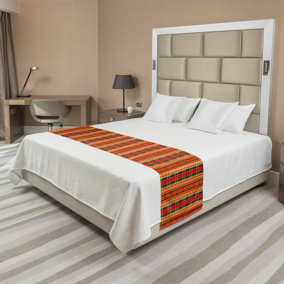 Ethnic Bed Runner, Peruvian Traditional Funky Pattern Mexican Folk Culture Repetition, Decorative Accent Bedding Scarf for Hotels Homes and Guestrooms, King, Vermilion Teal and Orange, by Ambesonne