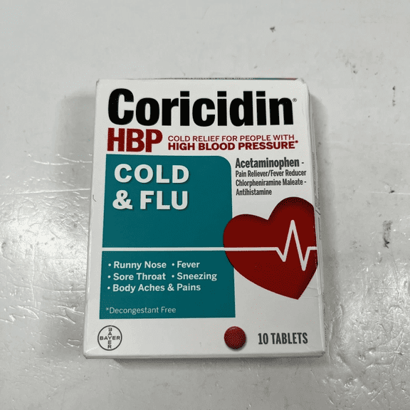 Coricidin HBP Cold & Flu with Acetaminophen Pain Reliever, 10 ct, 3 Pack