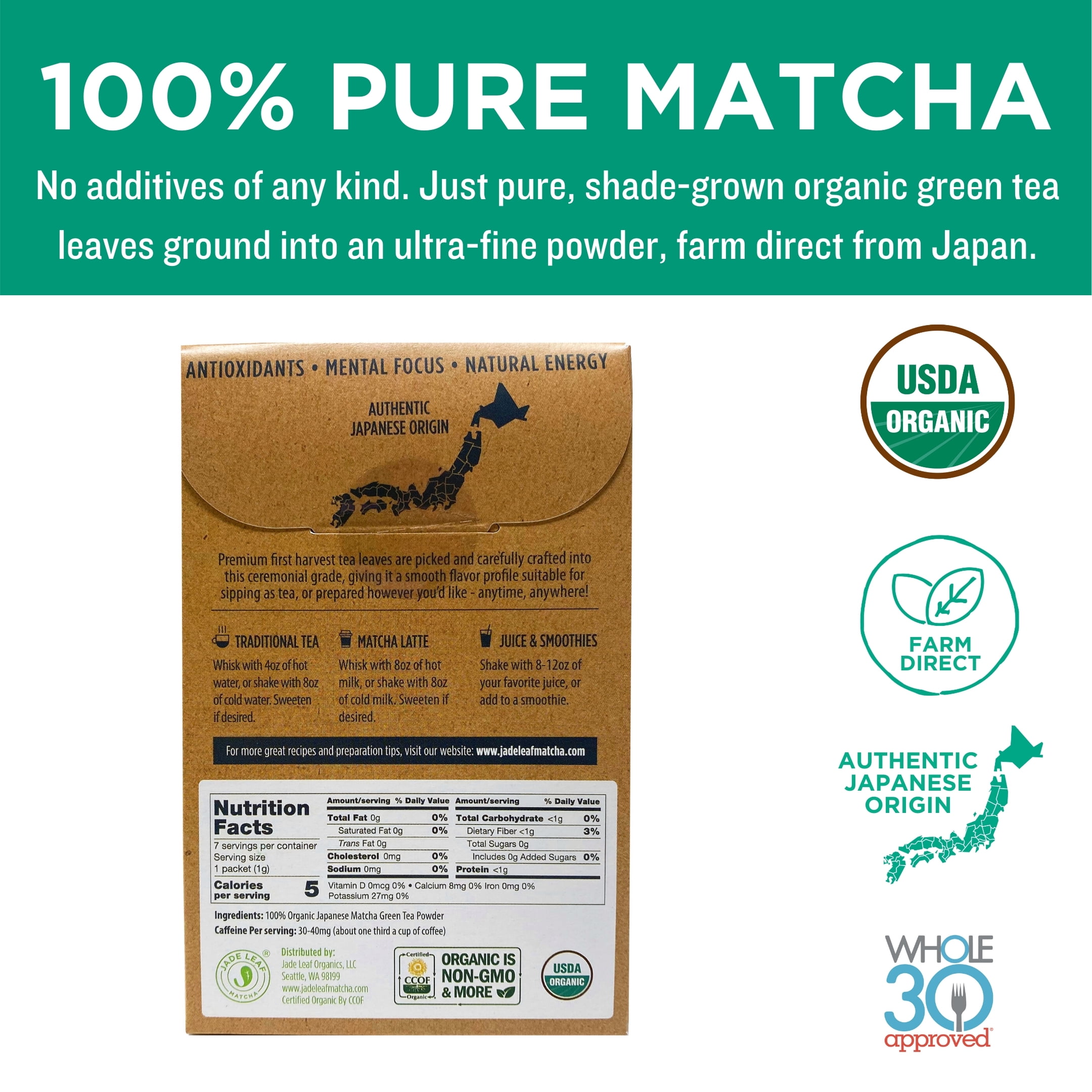 (4 pack) Jade Leaf Matcha, Organic Japanese Ceremonial Matcha, Powdered Tea, 7 Ct