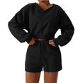 thumbnail image 1 of Women Two Piece Outfits Tracksuit Half Zip Lapel Cap Sleeve Sweatshirt High Waist Drawstring Shorts Set Sweatsuit, 1 of 6