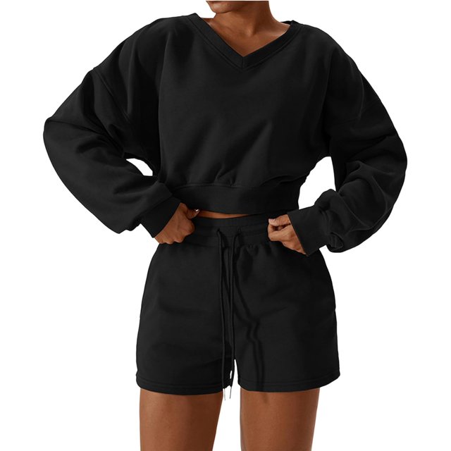 Women Two Piece Outfits Tracksuit Half Zip Lapel Cap Sleeve Sweatshirt High Waist Drawstring Shorts Set Sweatsuit
