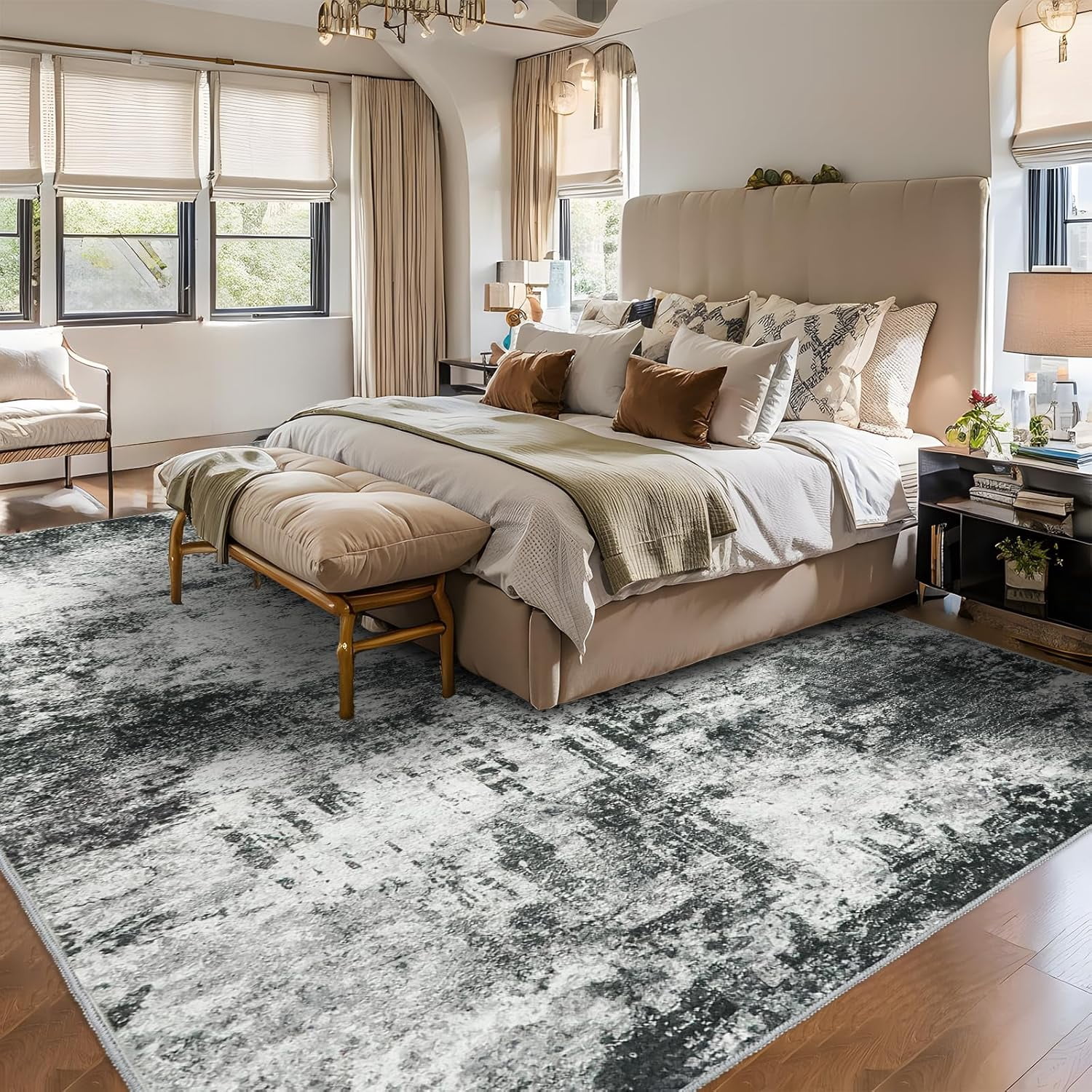 RUUGME 10X14 Abstract Area Rug:Large Washable Living Room Rug Indoor Non Slip Low Pile Carpet for Bedroom Soft Foldable Stain Resistant Distressed Thin Rug for Dining Room Kitchen 10X14 Black A