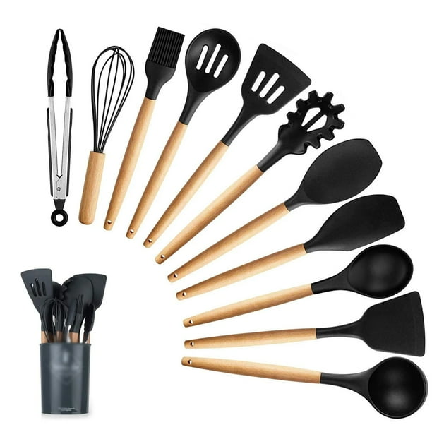 Juego de utensilios de cocina, utensilios de cocina de silicona antiadherentes resistentes al calor con mango de madera, 12 piezas, incluye cucharas, pinzas, batidor, espátula