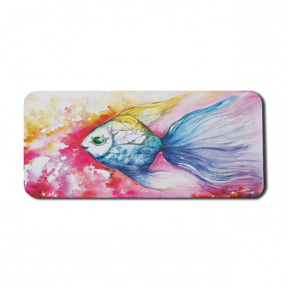 Fish Computer Mouse Pad, Watercolor Fauna Paint Grunge Vivid Brushstrokes and Splashes Nautical Concept, Rectangle Non-Slip Rubber Mousepad X-Large, 35" x 15" Gaming Size, Multicolor, by Ambesonne
