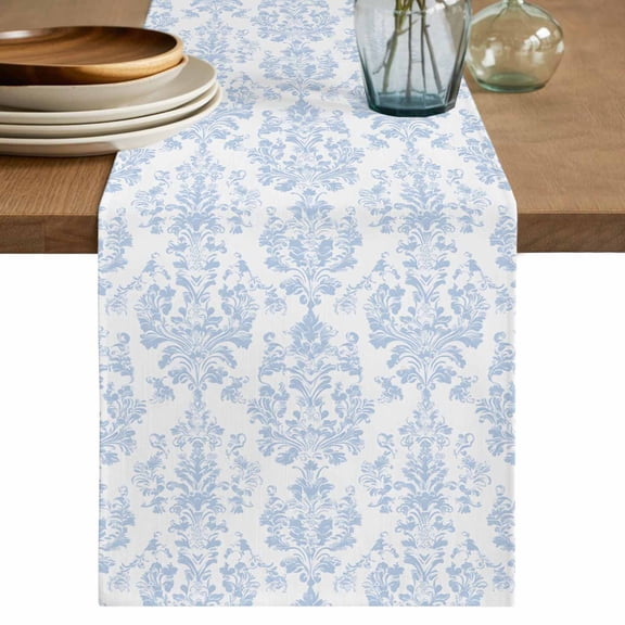 Blue Boho Floral Table Runner, Farmhouse Middle Century Flowers Washable Cotton Linen Table Runners 72 Inches Long, Dresser Scarf Runner for Dining Tables/TV Stands/Coffee/Cabinets 18''x72''