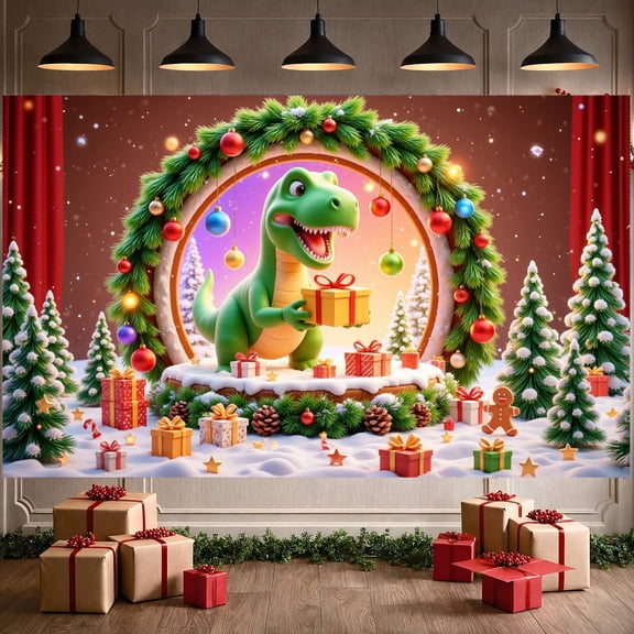 Festive Dinosaur Christmas Decoration Holiday Banner for Kids Party Indoor Celebration Seasonal Decor