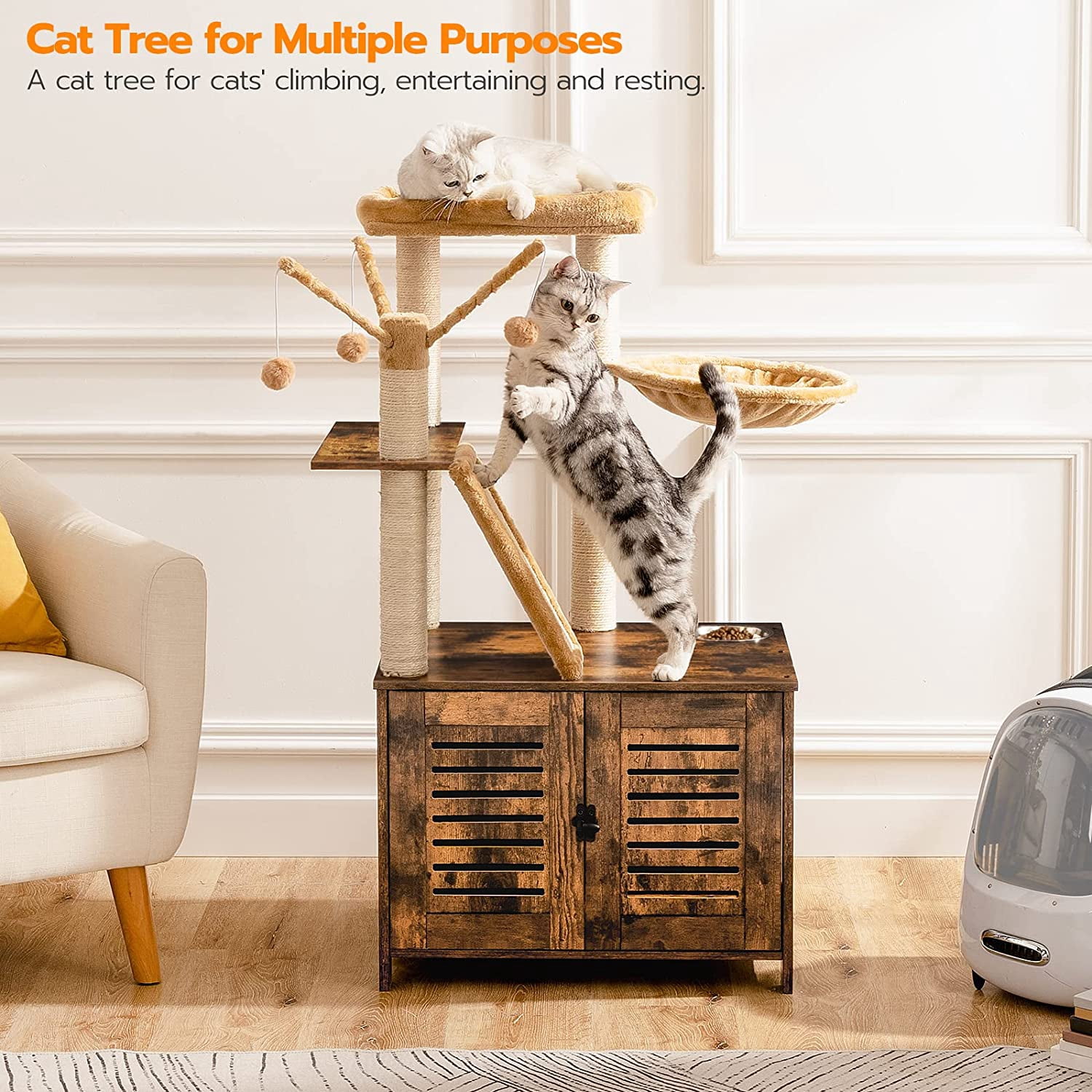 Cat Tree with Litter Box Enclosure, 44" Tall Wooden Cat Tower with Scratching Posts, Cat Hammock, Hidden Litter Box Furniture, All-in-One Indoor Cat Condo, Rustic Brown FG48MZ03