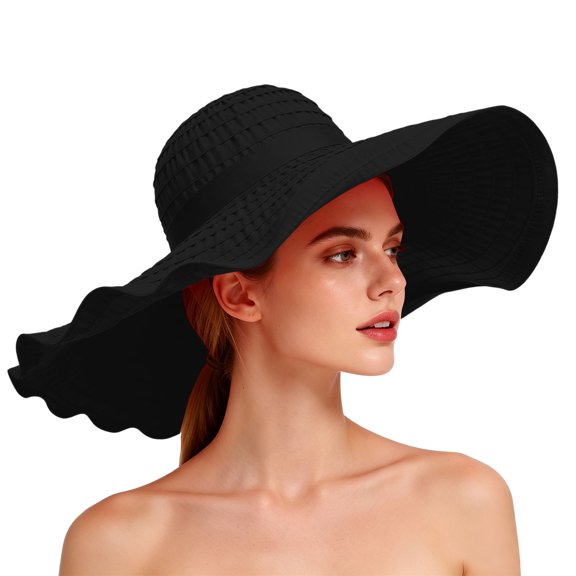 Fewfanhot Women Extra Wide Wavy Brim Sun Hat, UPF Foldable Pleated Beach Bucket Hat Windproof Chin Strap