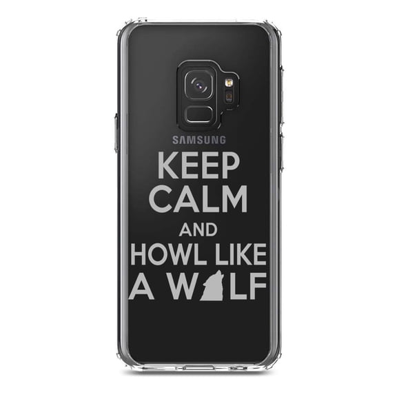 DistinctInk Clear Shockproof Hybrid Case for Samsung Galaxy S9 (5.8" Screen) - TPU Bumper Acrylic Back Tempered Glass Screen Protector - Keep Calm Howl Like a Wolf