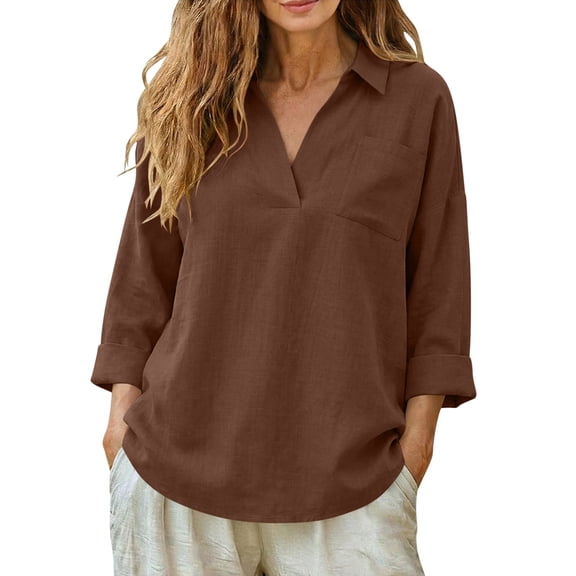 Womens Plus Size Summer Tops, 3/4 Sleeve Shirts for Women Lightweight Casual Cotton Linen Lapel V Neck Dressy Blouses with Pockets