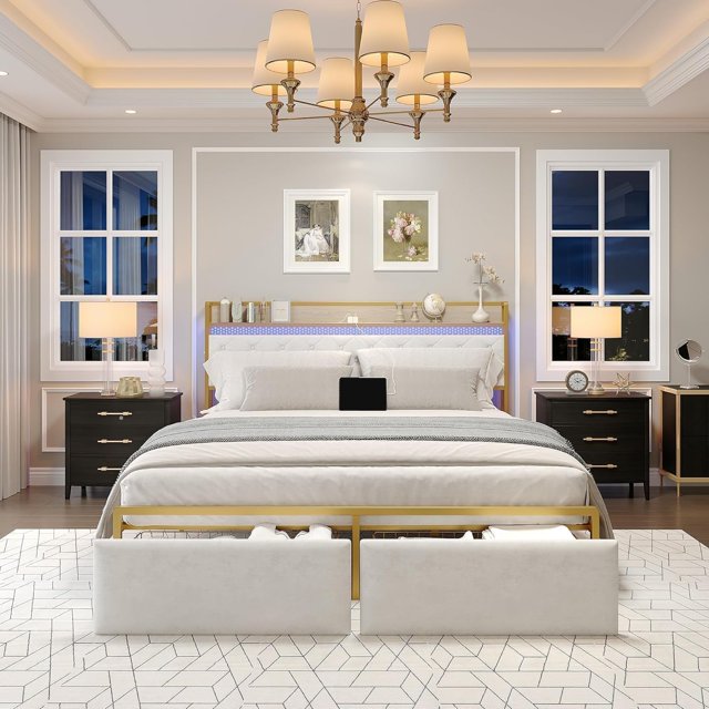 King Size Bed Frame with Charging Headboard LED Lighting 2 Storage Drawers Metal Platform Foundation No Box Spring Required