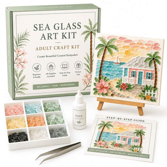 Sea Glass Art Kit, DIY Mosaic Craft with Colorful Glass Stones for Adults Beginners, Handmade Decorative Wall Art Gift