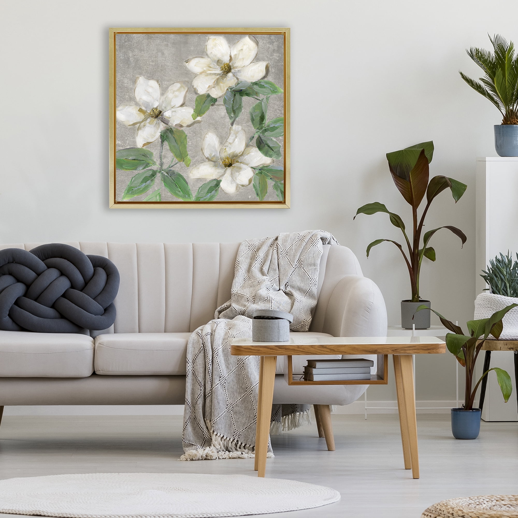 Stupell Industries Ivory Magnolia Trio Gold Framed Floater Canvas Wall Art, design by Sally Swatland