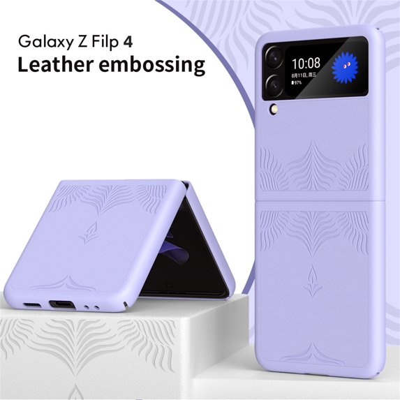 SaniMore for Samsung Galaxy Z Flip 4 6.7" 360° All-Inclusive Folding Embossed Case, Rugged PC & PU Leather Lightweight Anti-Fingerprint Military Grade Shockproof Protective Cover, Purple