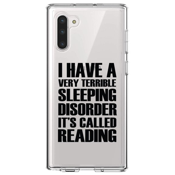 DistinctInk Clear Shockproof Hybrid Case for Samsung Galaxy Note 10 (6.3" Screen) - TPU Bumper Acrylic Back Tempered Glass Screen Protector - Terrible Sleeping Disorder Called Reading