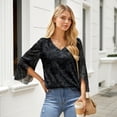 thumbnail image 3 of Womens 3/4 Sleeve Tops Double Layers Mesh Blouses V Neck Ruffle Floral Printed Tunics, 3 of 6