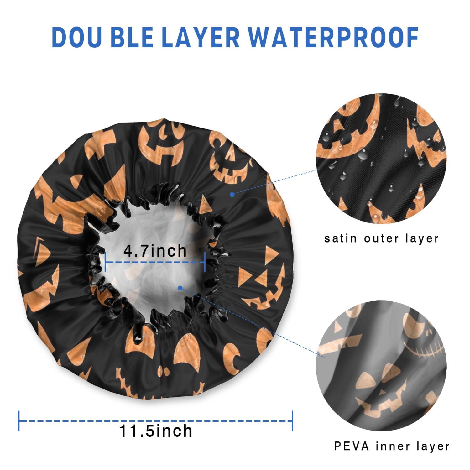 Shower Caps,Black Halloween Pumpkin Faces Waterproof Shower Cap for Women 4 Pieces,Double Reusable Hair Cover for Shower PEVA Elastic Stretch Hem