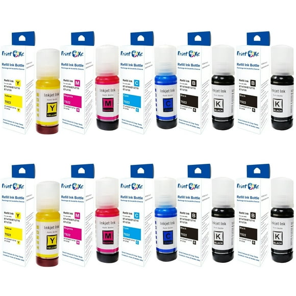 T522 Compatible 10 Ink Refill Bottles 2 Sets plus 2 Black 522 Ink | Black T522120 | Cyan T522220 | Magenta T522320 | Yellow T522420 for Epson EcoTank Printers ET 1110 / 2710 / 2720 / 4700