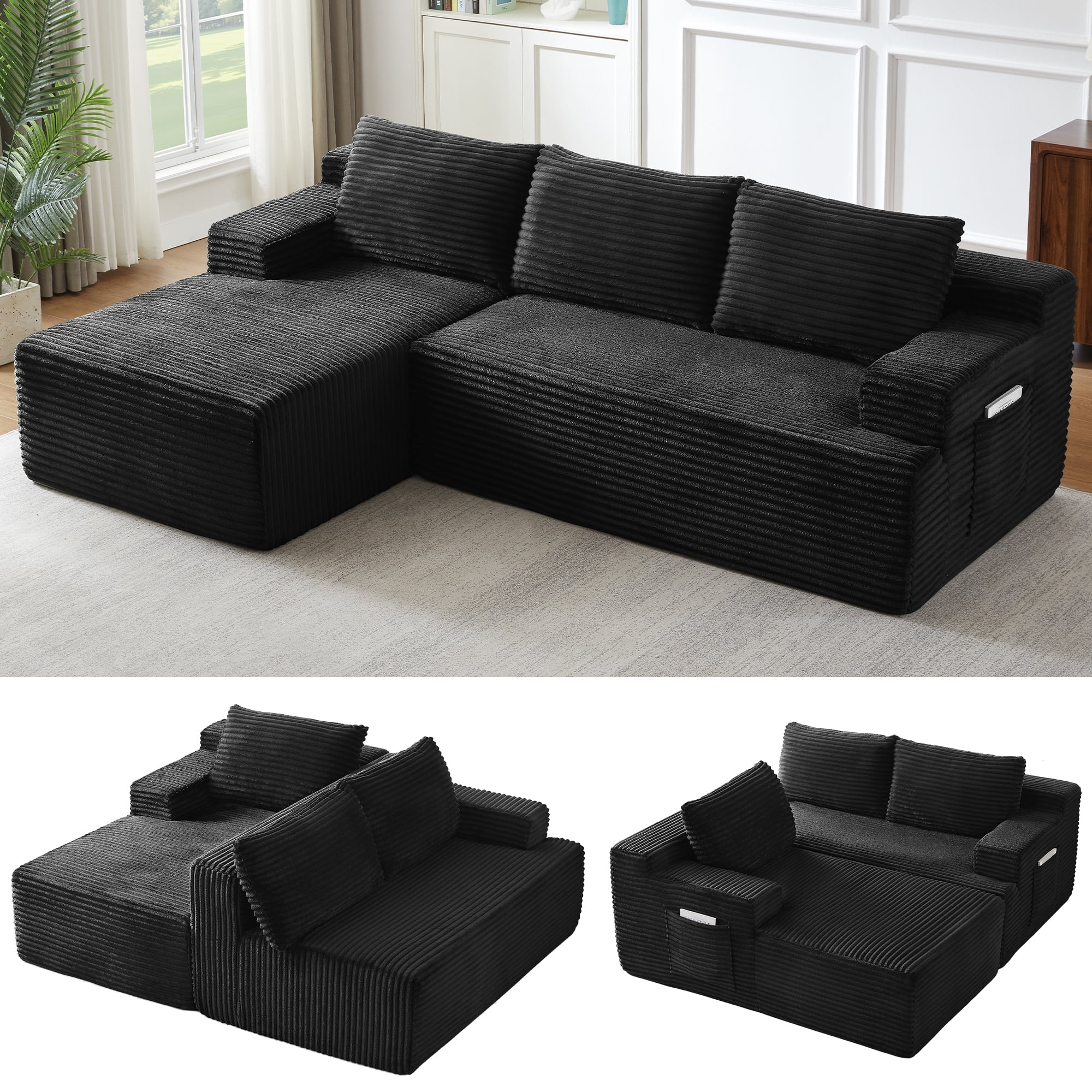 Vanress 96 Inch Modular Sectional Couches for Living Room, Modern Boneless Sofa, Upholstered Deep Seat Cloud Couch, Corduroy Comfy L-Shape Sofas Couches, No Assembly, Black (Left Facing Chaise)