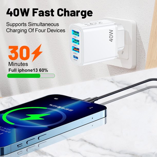 Cargador rápido de pared USB C tipo C PD25W+3USB QC3.0 2.4A 4 puertos para iPhone 14 13 12