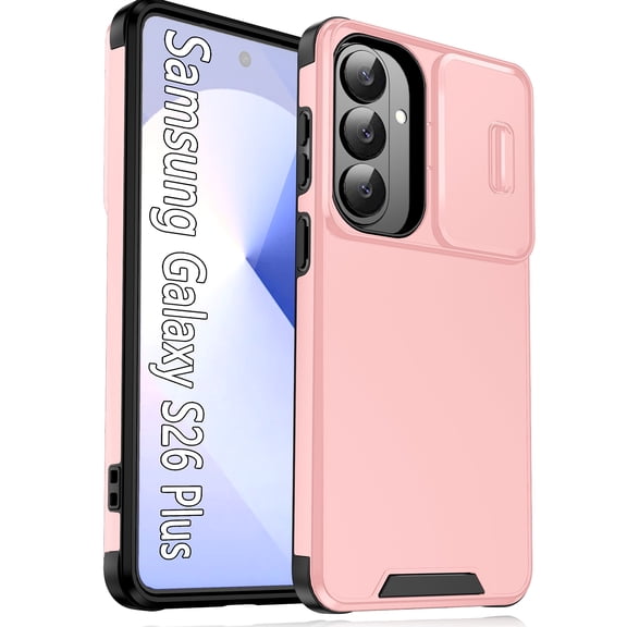 for Samsung Galaxy S26 Plus Heavy Duty Case with Camera Sliding Cover, Support Wireless Charging Hybrid TPU & PC Smoothly Anti-Fingerprint Slim Case Compatible with Samsung Galaxy S26 Plus, Pink