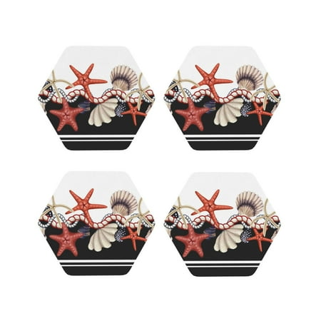 

Fuzoiu Starfishes Shells Print Leather Coasters Set Drink Coasters Set of 4 for Tabletop Protection Durable PVC Coasters Home Décor and Housewarming Gift-Hexagon