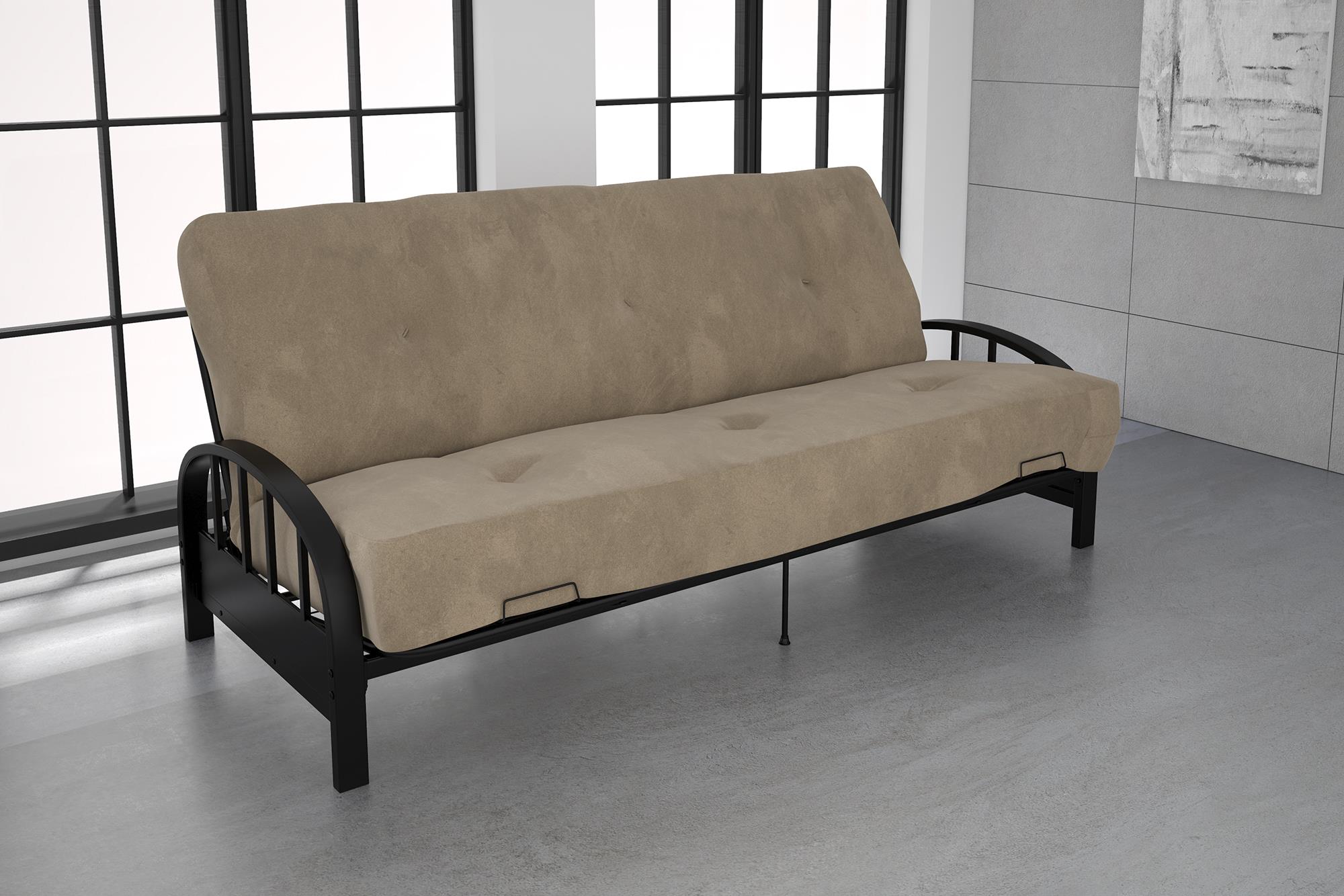 DHP Aiden Black Metal Futon Frame with 8" Coil Full Futon Mattress, Tan
