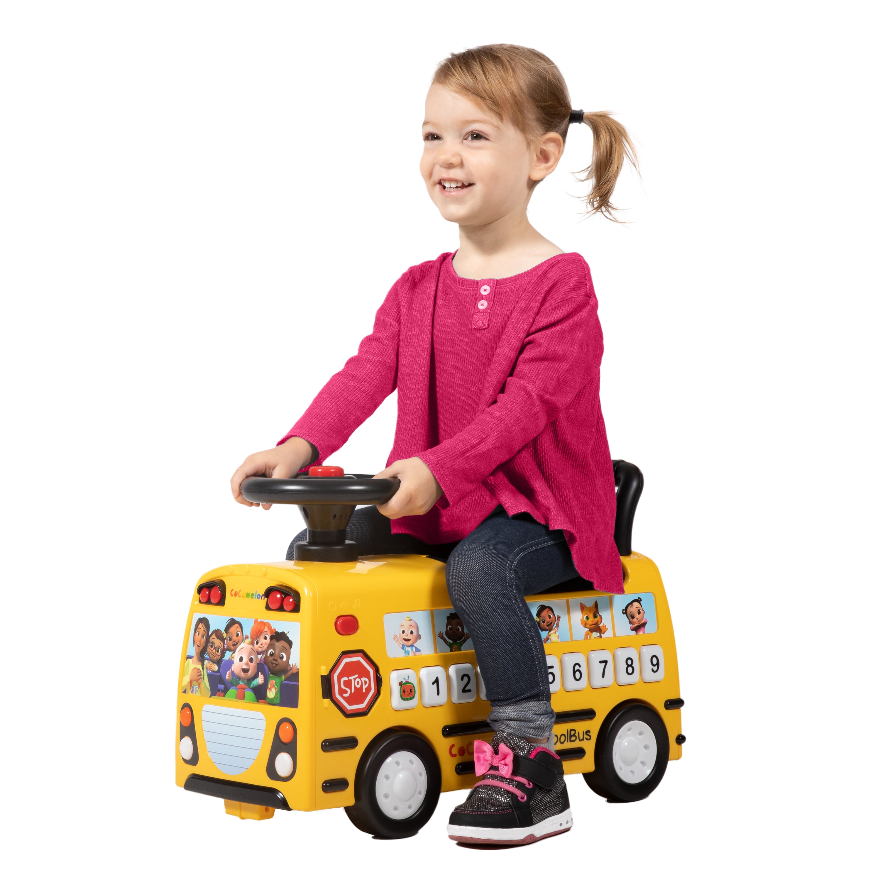 Spark. Create. Imagine. CoComelon School Bus Ride-on with Letters, Numbers, & Music