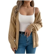 Wyobums Women's Cardigan Sweaters Fall Long Sleeve Crochet Eyelet Open-Front Cardigan Lightweight Loose Knitted Sweater A-Khaki