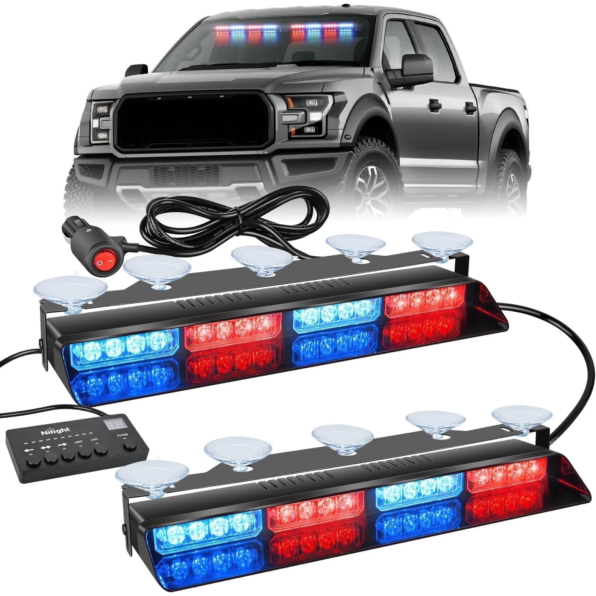 Nilight 32Led Red Blue Emergency Dash Strobe Lights Warning Hazard Interior Front/Rear Windshield Deck Split Light Bar