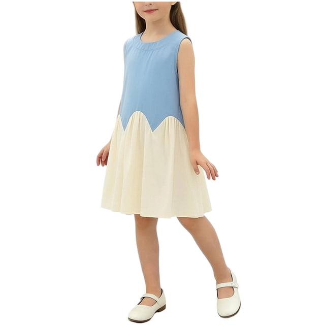 Yanlir Robe Sans Manches à Blocs de Couleur pour Filles, Col Rond, Tenue Décontractée et Confortable, Été, Extérieur, Jeu Décontracté, pour Enfants de 1 à 8 Ans (Bleu, 2-3 Ans)