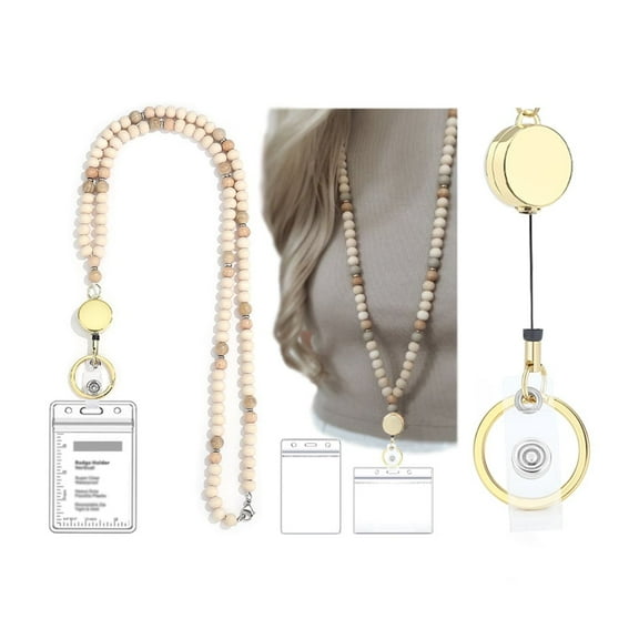 SAM & LORI Retractable Natural Wood Beaded Lanyard, for ID Badges, Keys, Cute Keychain, 34 Inches Long