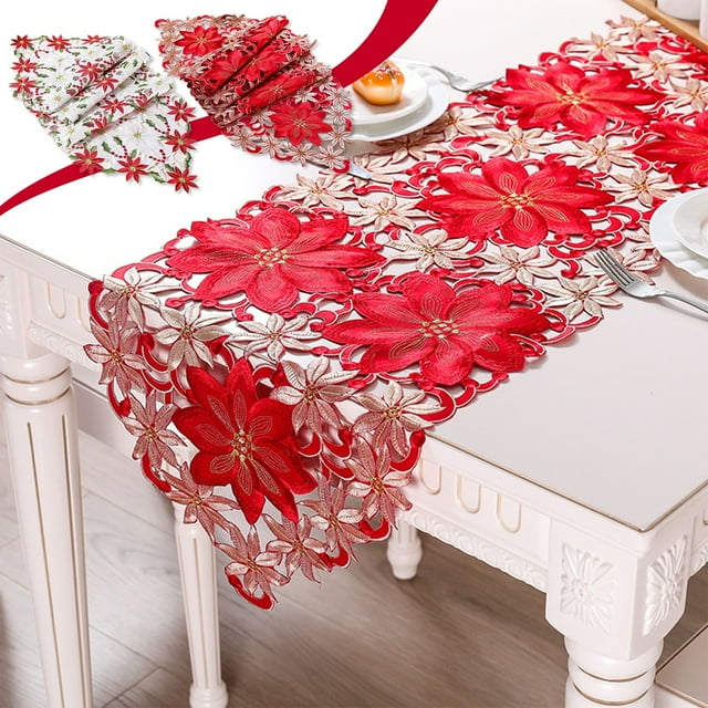 Fufafayo under $5 Christmas Table Runner, Holiday Table Decor, Embroidered Lace Table Cover for Coffee Table, Waterproof Table Runner for Dining Room and Living Room