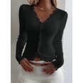 thumbnail image 5 of Womens Cardigan Sweaters Lace Ruffle Trim V Neck Long Sleeve Button Front Ribbed Knit Cute Fitted Crop Tops Black XXL, 5 of 9
