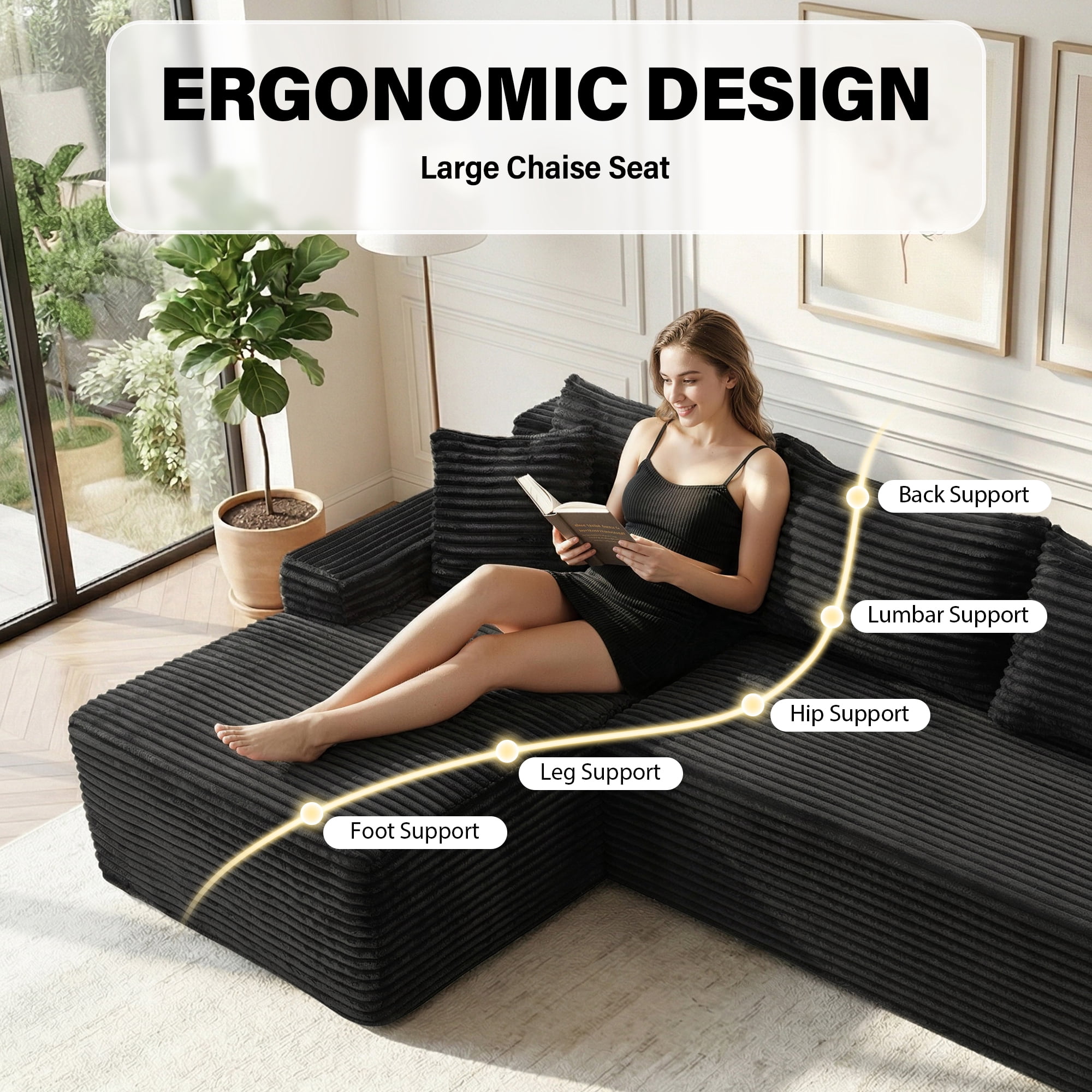 Aukfa 96" L-Shaped Cloud Sectional Sofa, Modular Boneless Couch with Deep Seat&Left-Facing Chaise for Living Room, Corduroy, Black